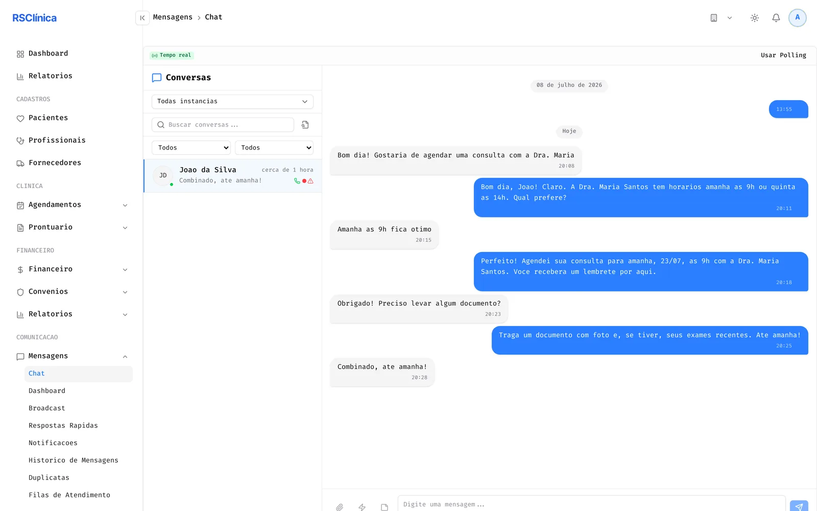 Central de conversas WhatsApp com paciente agendando consulta