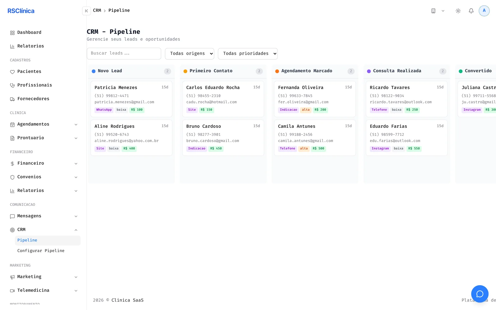 Funil de leads em kanban com etapas de novo lead a convertido