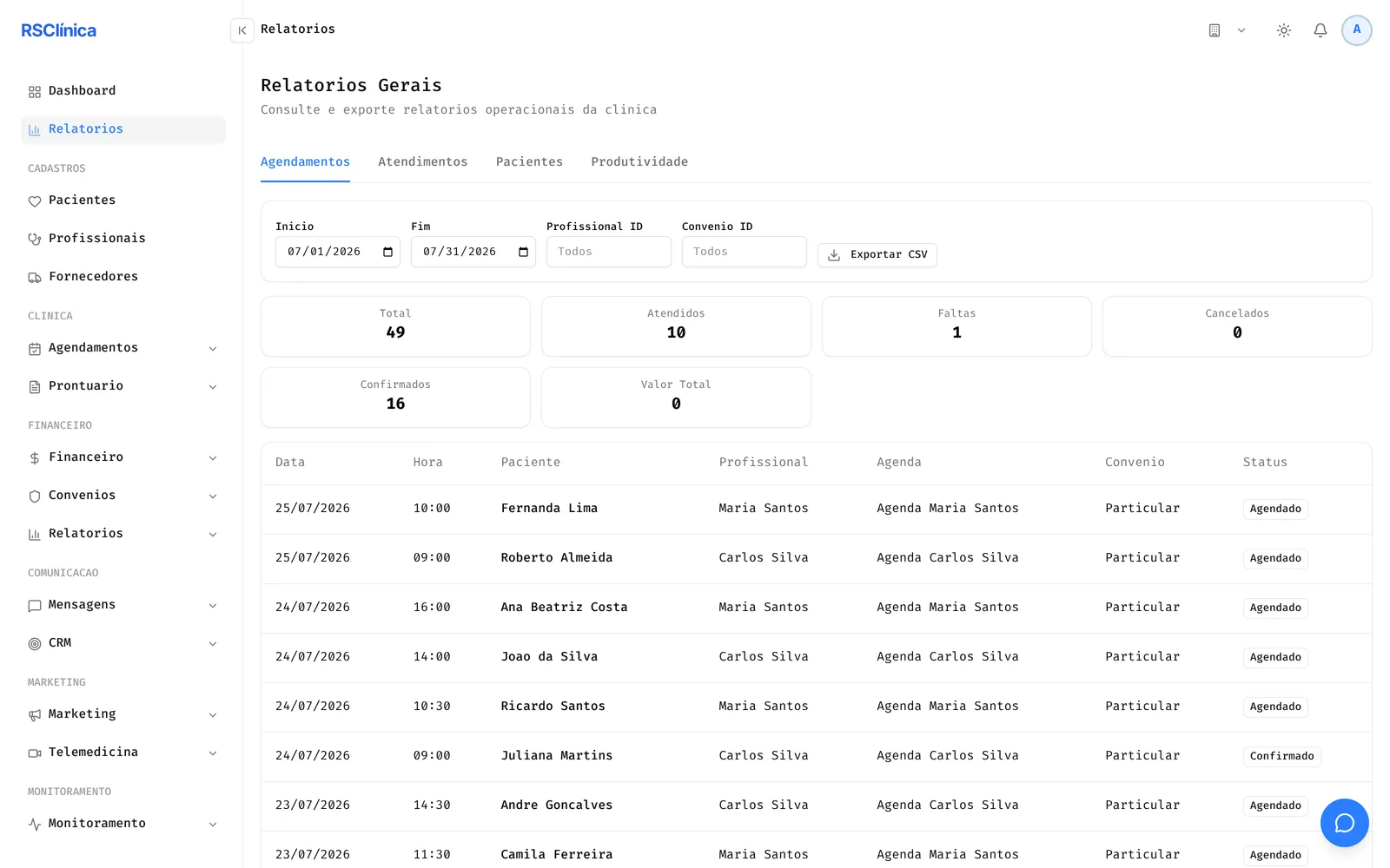 Relatórios operacionais com totais de agendamentos e exportação CSV