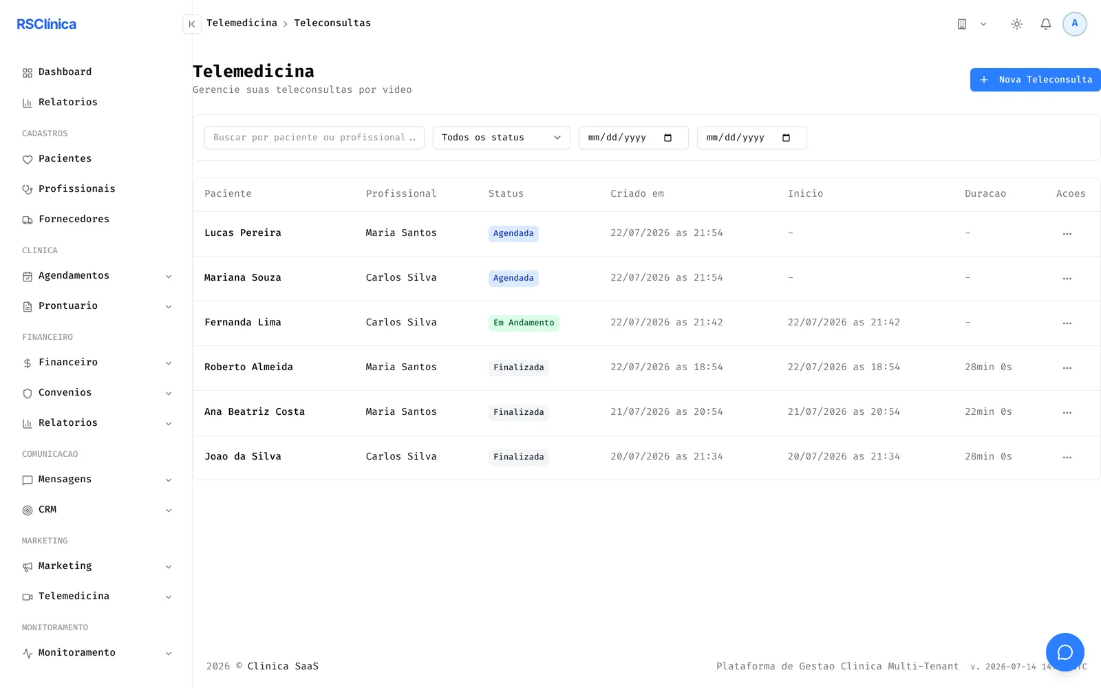 Lista de teleconsultas com status agendada, em andamento e finalizada